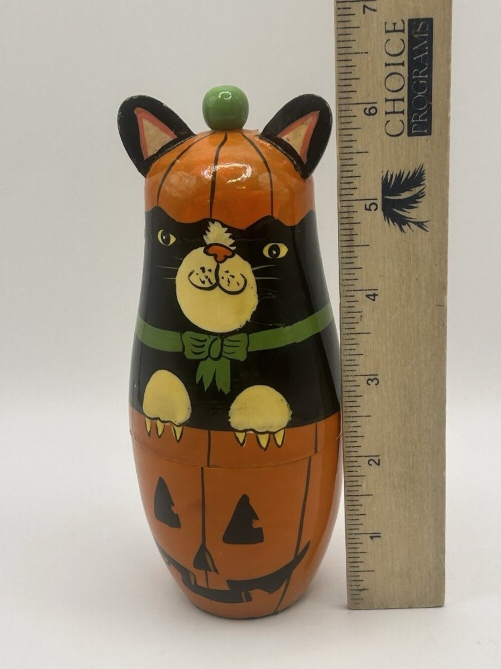 Halloween Kitty Cat Pumpkin Hand-Painted Wood Stacking Nesting Dolls Five Vtg - Picture 10 of 16